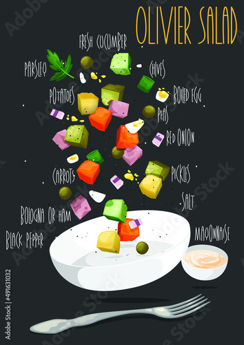 Traditional russian salad Olivier. Vector illustration