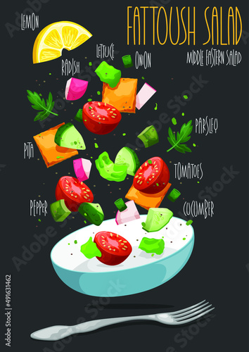 Traditional fattoush salad on a plate with pita croutons, cucumber, tomato, red onion, lettuce, vegetables. Vector illustration