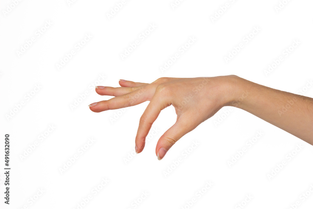 Hand holding something isolated on white background.