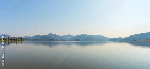 Panorama or panoramic landscape photo of Lake and mountain at day time.