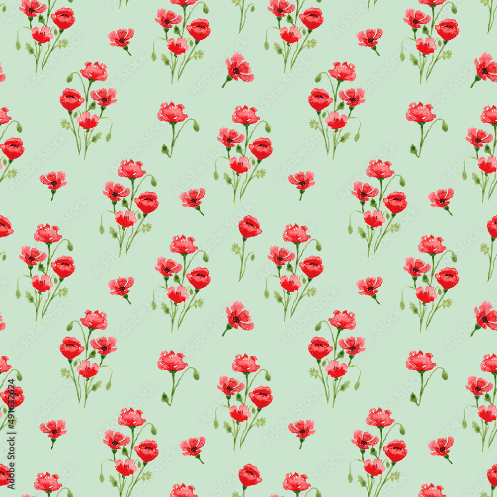 Watercolor poppies. Seamless pattern with red poppies. Wildflowers.