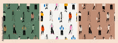 Street fashion look. Young men and women dressed in stylish trendy oversized clothing. Models standing in various poses. Korean japanese asian cartoon style. Hand drawn Vector seamless Patterns