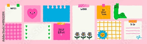 Various Paper notes on stickers. Information board with blank Paper sticky notes for reminders, to do list, planner, schedule. Hand drawn Vector illustration. Cartoon style. All elements are isolated