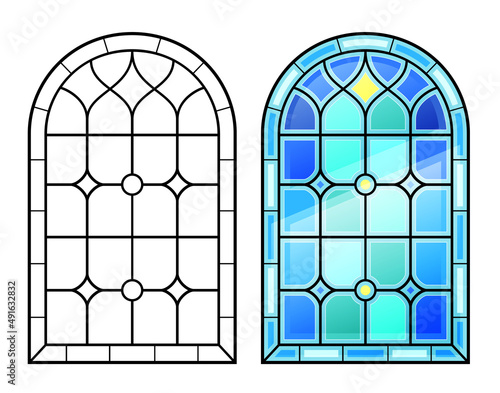 Arched vintage old window with stained glass