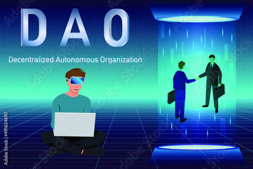 DAO, Decentralized Autonomous Organization. Businessman signing smart contract on blockchain and metaverse hologram.