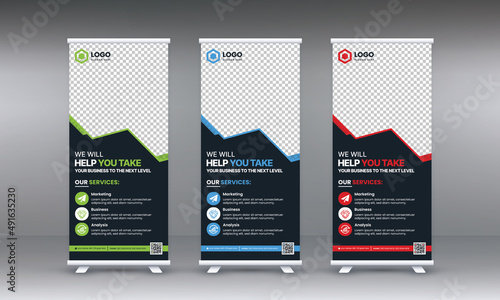 Corporate rollup banner template, advertisement, pull up, polygon background, vector illustration, and display banner for your Corporate business, company, shop, and restaurant with 3 color