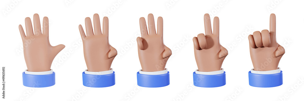 Vector 3d counting hand icon set. Cartoon arms with palms and fingers countdown. 3d Realistic illustration, business clipart. Vector 3d counting hand icon set. Cartoon arms with palms and fingers countdown. 3d Realistic illustration, business clipart.