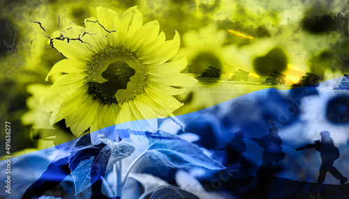 Ukraine flag with soldier, tank and sunflower objects. World against war