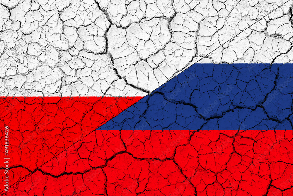 Poland flag. Russia flag. Conflict between Russia and Poland war concept. Russian flag and Poland flag background. Flag with cracks. Horizontal design. Illustration. Map.