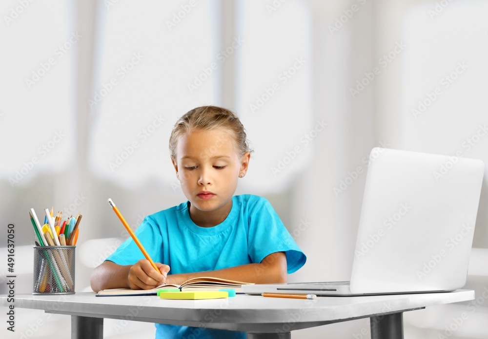 Smiling elementary school girl while studying in the class Smiling elementary school girl while studying in the class