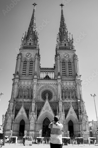 Basilica of Lujan, where the apostles are seen. Luján, Buenos Aires, Argentina. Black and white.