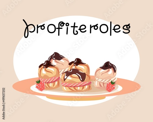 Plate filled with profiteroles. Pastry illustration. French cuisine. French dessert.