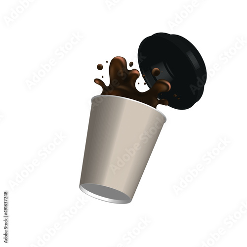 Paper cup coffee splash. Cardboard craft drink glass with open plastic lid. Coffee latte espresso spilled mug. Vector illustration recycle disposable tea container stock image