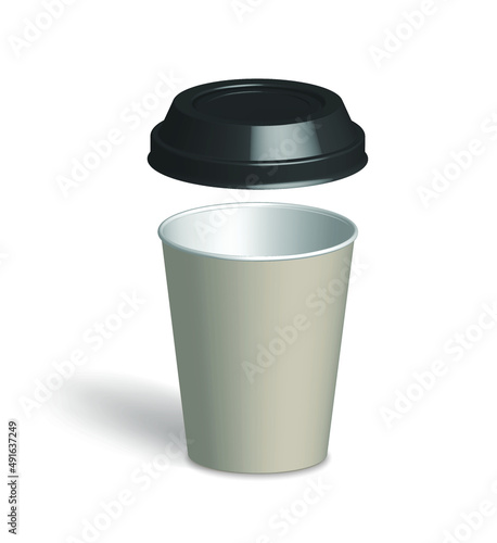 Paper cup. Cardboard craft drink glass with open plastic lid. Coffee latte espresso empty mug. Vector illustration recycle disposable container stock image
