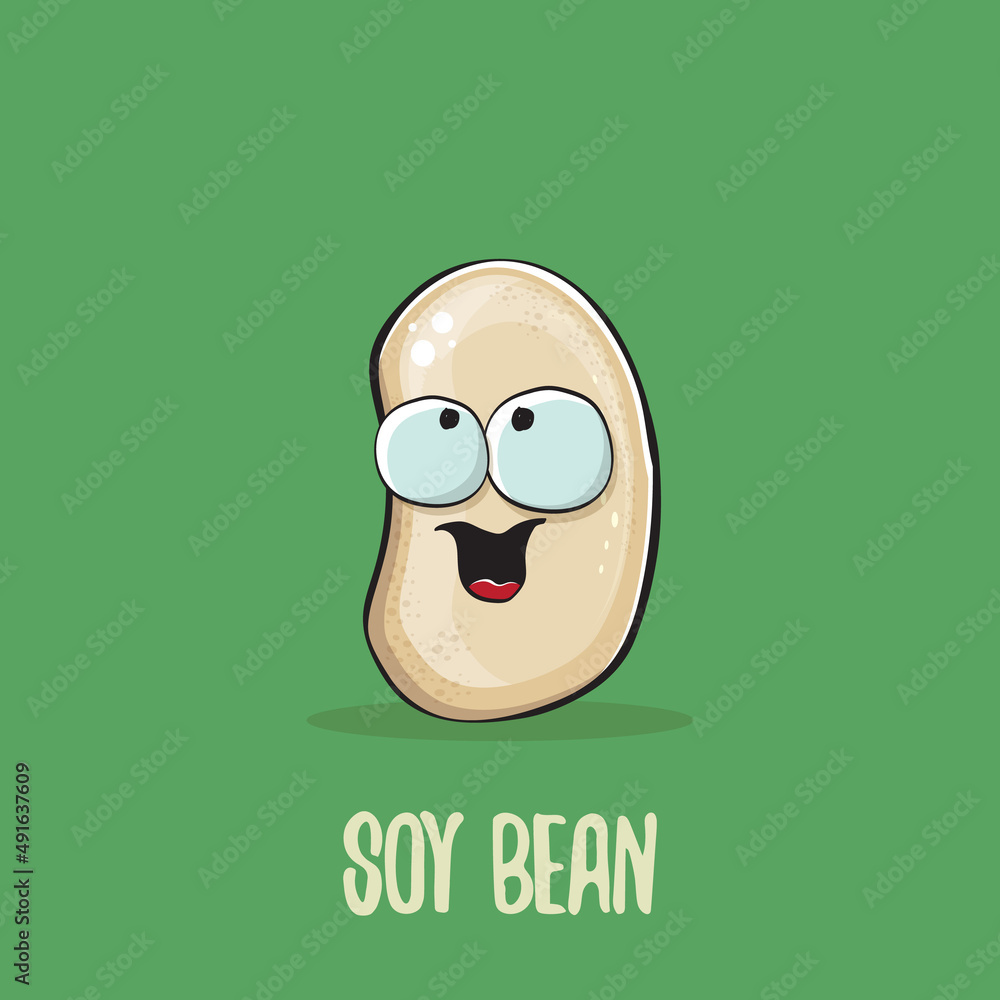 Obraz premium vector funny cartoon cute soybean character isolated on green background. Japan Kawaii soy food funky character. Soybean cartoon illustration