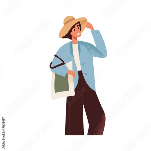 Happy woman in summer hat enjoying outdoors. Relaxed positive person looking ...