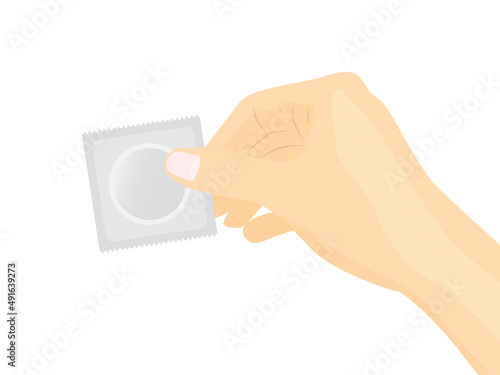 hand holding condom, safe sex concept, prevention of STD - vector illustration