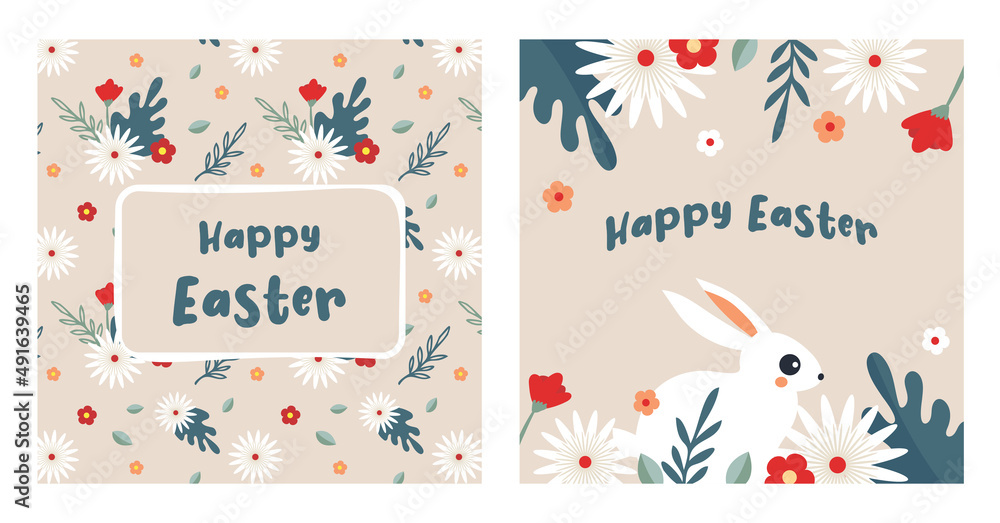 Happy Easter, decorated easter card set. Bunnies, Easter eggs, flowers and basket. Folk style pastel patterned design.