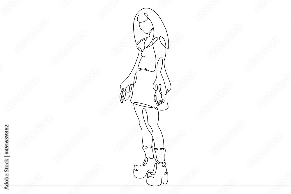 One continuous line.Japanese modern fashion youth. Asian teenagers. Street fashion clothes from asia. Continuous line drawing.Line Art isolated white background.