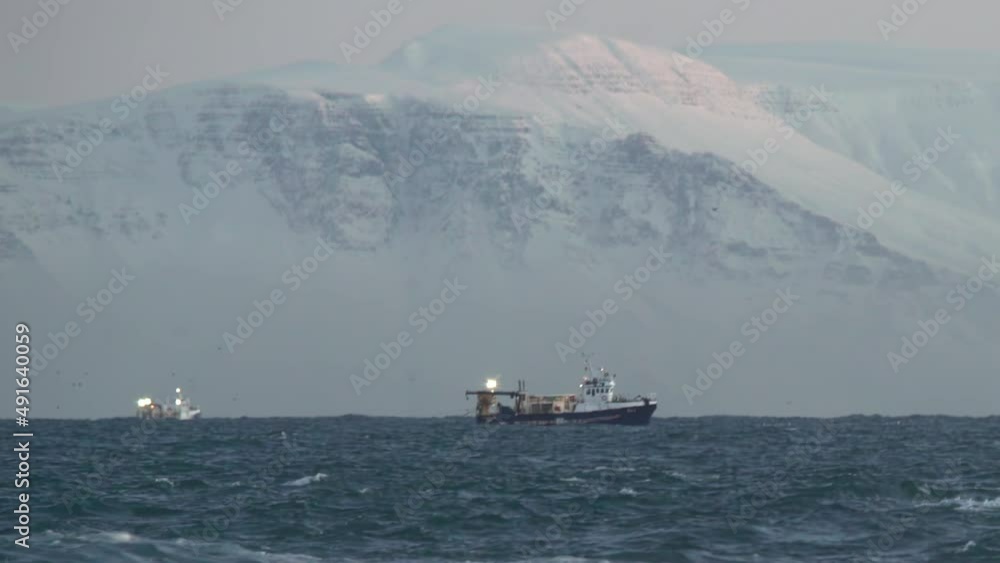 Icelandic fishing trawlers rough water under snowy mountains close Icelandic fishing trawlers rough water under snowy mountains close