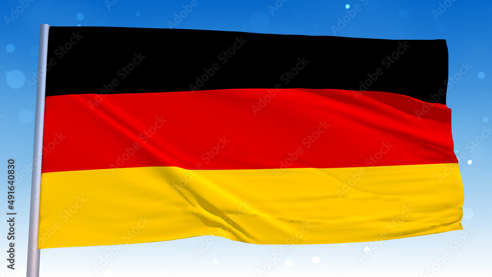 Realistic Waving National Flag Of Germany In The Wind With Pole On Cloudy Fog Glitter Dust Flying Blue Sky 3D Rendering Realistic Waving National Flag Of Germany In The Wind With Pole On Cloudy Fog Glitter Dust Flying Blue Sky 3D Rendering