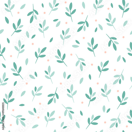 Green branch and leaves seamless pattern. Design for fabric, textile, wrapping paper. Hand drawn vector illustration