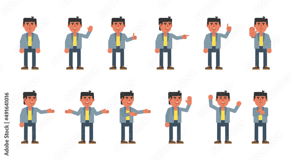 Set of businessman characters showing various hand gestures. Cheerful man showing thumb up, greeting, victory sign and other gestures. Modern vector illustration