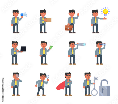 Set of businessman characters in various situations. Man holding loudspeaker, package box, spyglass, magnifier, money and other actions. Modern vector illustration