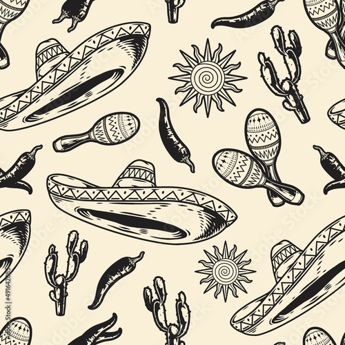 Monochrome Mexican pattern with sombrero