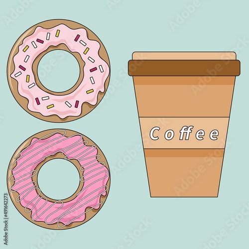 Vector illustration coffee to go with sweet pink donuts on neutral background