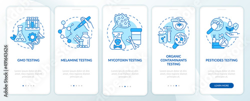 Nutritional analysis blue onboarding mobile app screen. Contaminations walkthrough 5 steps graphic instructions pages with linear concepts. UI, UX, GUI template. Myriad Pro-Bold, Regular fonts used