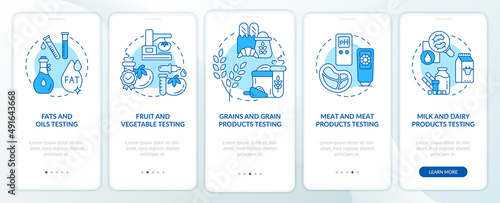 Lab testing for food production blue onboarding mobile app screen. Walkthrough 5 steps graphic instructions pages with linear concepts. UI, UX, GUI template. Myriad Pro-Bold, Regular fonts used