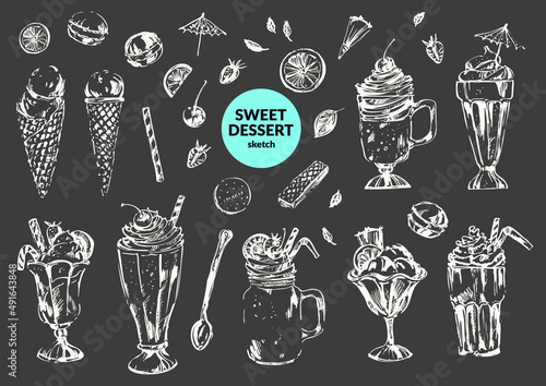 Hand drawn sweet dessert white chalk sketch set with ice cream, cocktail, milk shake, chocolate, coffee drink
