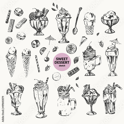 Hand drawn sweet dessert ink sketch set with ice cream, cocktail, milk shake, chocolate, coffee drink