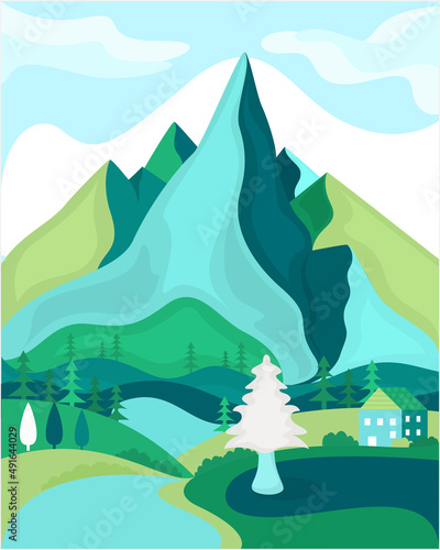 Landscape with a view of the mountain and the house. Flat design. Vector illustration.