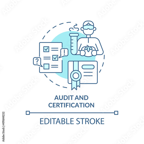 Audit and certification turquoise concept icon. Testing service abstract idea thin line illustration. Inspection. Isolated outline drawing. Editable stroke. Arial, Myriad Pro-Bold fonts used