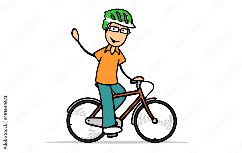 Mann mit Fahrradhelm beim Fahrrad fahren und winken Mann mit Fahrradhelm beim Fahrrad fahren und winken