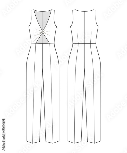Fashion technical drawing of a women's sleeveless jumpsuit with cutouts
