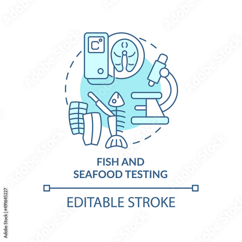 Fish and seafood testing turquoise concept icon. Expertise in food market abstract idea thin line illustration. Isolated outline drawing. Editable stroke. Arial, Myriad Pro-Bold fonts used