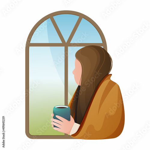 The girl is sitting by the window with a cup in her hands. Vector image of a woman, mental health and peace of mind. faceless character