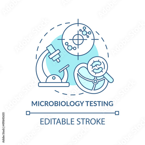 Microbiology testing turquoise concept icon. Food samples evaluation abstract idea thin line illustration. Foodborne germs. Isolated outline drawing. Editable stroke. Arial, Myriad Pro-Bold fonts used