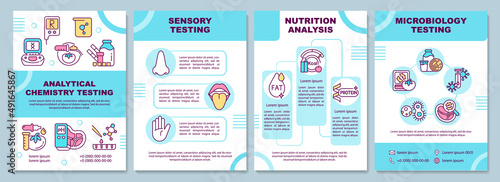 Food samples analysis turquoise brochure template. Sensory test. Leaflet design with linear icons. 4 vector layouts for presentation, annual reports. Arial-Black, Myriad Pro-Regular fonts used