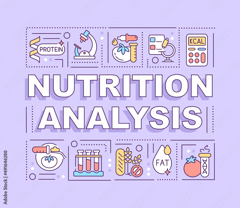 Nutrition analysis word concepts purple banner. Food safety tests. Infographics with icons on color background. Isolated typography. Vector illustration with text. Arial-Black font used