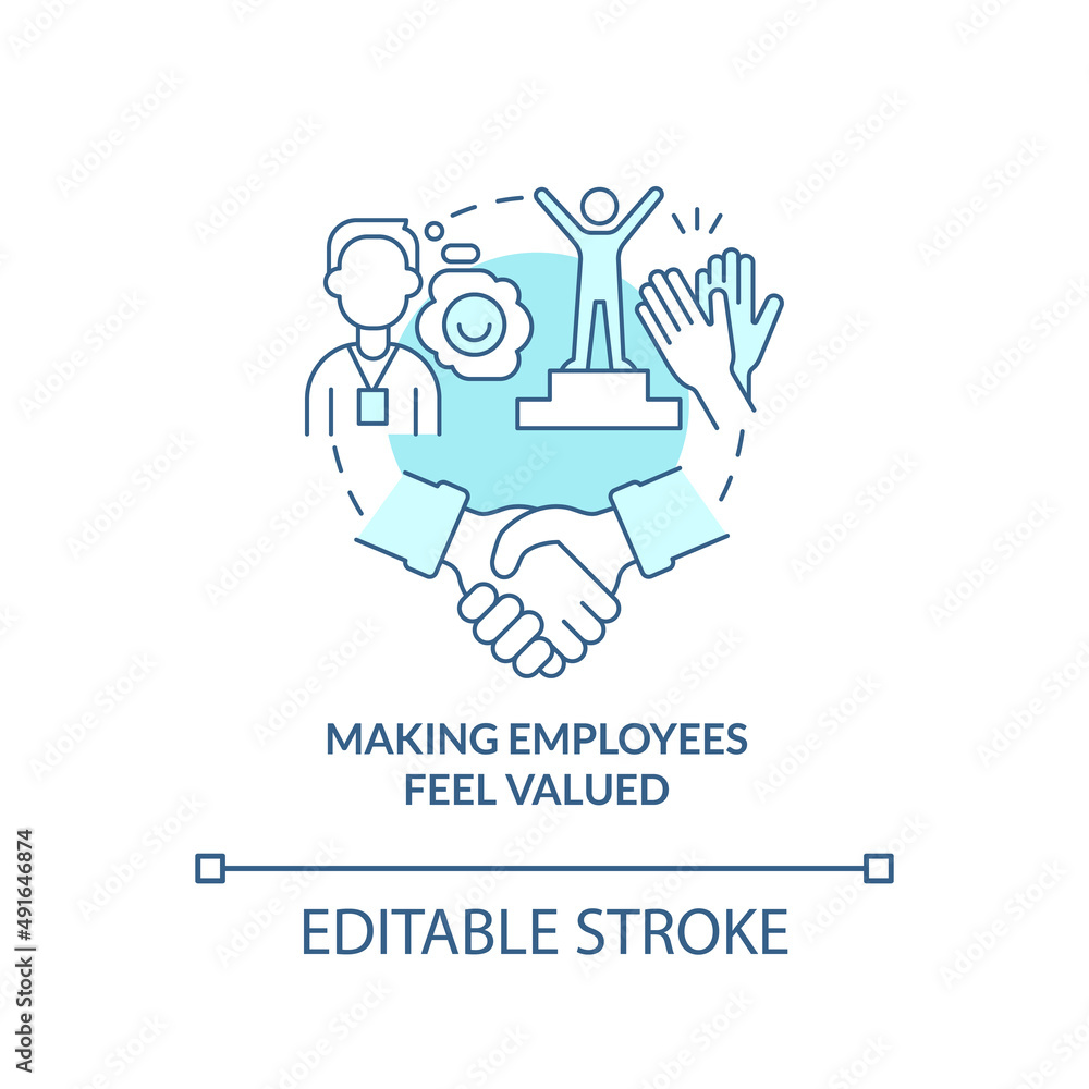 Making employees feel valued turquoise concept icon. Motivation process. HR skills abstract idea thin line illustration. Isolated outline drawing. Editable stroke. Arial, Myriad Pro-Bold fonts used Making employees feel valued turquoise concept icon. Motivation process. HR skills abstract idea thin line illustration. Isolated outline drawing. Editable stroke. Arial, Myriad Pro-Bold fonts used