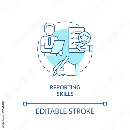 Reporting skills turquoise concept icon. Writing accurate reports. HR skills abstract idea thin line illustration. Isolated outline drawing. Editable stroke. Arial, Myriad Pro-Bold fonts used