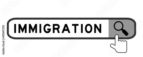 Search banner in word immigration with hand over magnifier icon on white background