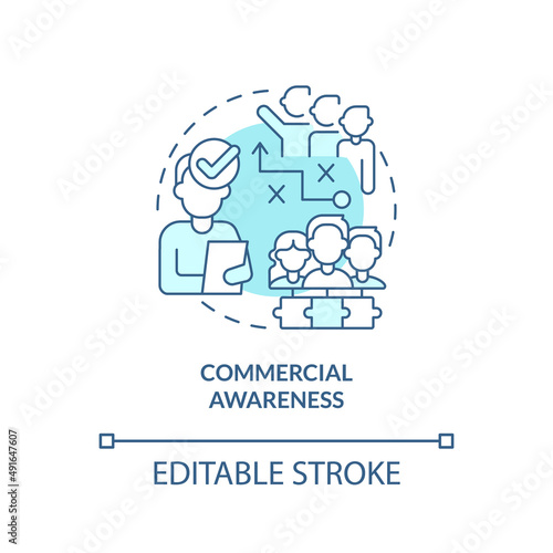 Commercial awareness turquoise concept icon. Company business involvement. HR skills abstract idea thin line illustration. Isolated outline drawing. Editable stroke. Arial, Myriad Pro-Bold fonts used