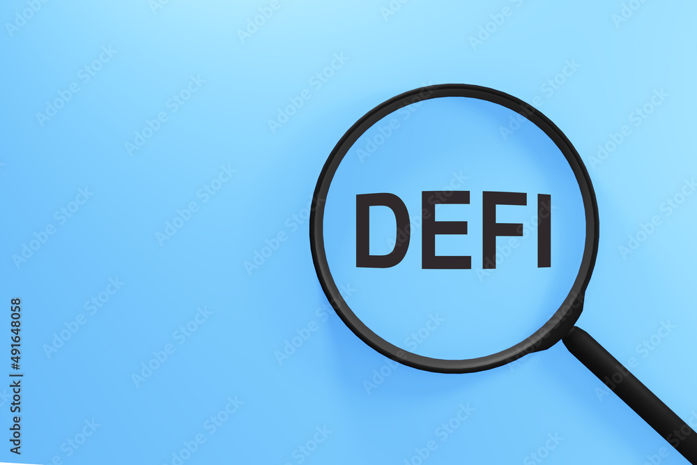 DeFi -Decentralized Finance word through magnifying glass on blue DeFi -Decentralized Finance word through magnifying glass on blue