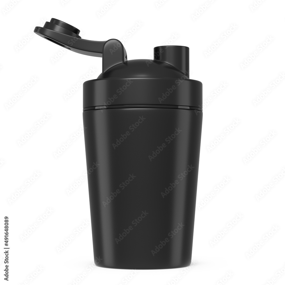Black plastic sport shaker for protein drink isolated on white background. Black plastic sport shaker for protein drink isolated on white background.