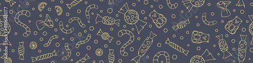 Seamless pattern with sweets. Hand drawn candies on gray background. Vector illustration.